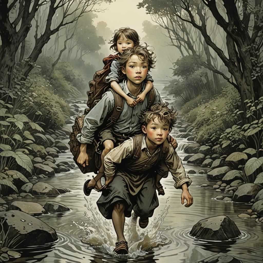 Brother and Sister in Stream, Illustrated Style