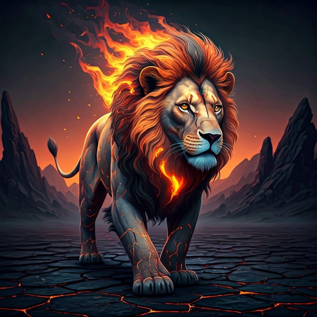 Magma Lion Prowls Obsidian Savanna: Digital Illustration