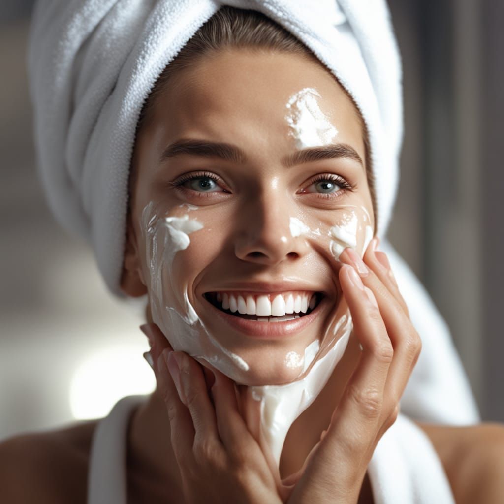 Happy Woman Applying Face Cream in Soft Natural Light