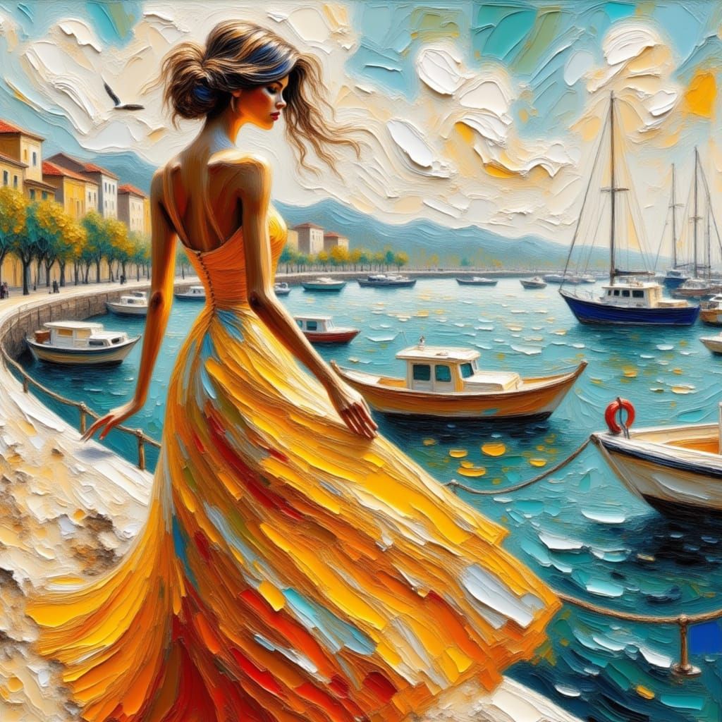 Impasto Oil Painting of Woman on Marseille Waterfront