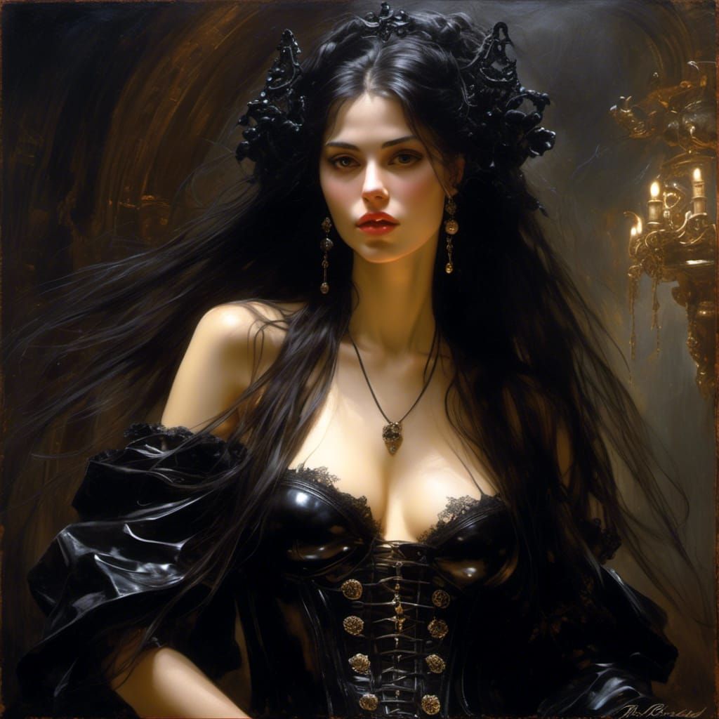 Gothic Beauty in Latex Lingerie: Hyperreal Oil Painting