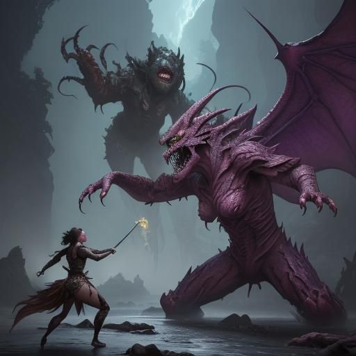 Women Battle Monster: Detailed Fantasy Concept Art