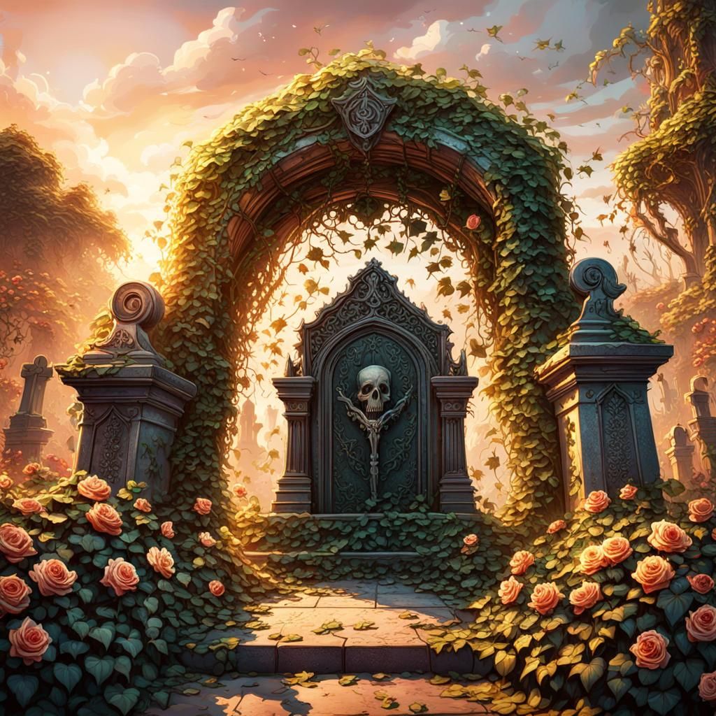 Mysterious Sunset Grave with Roses: Detailed Matte Painting