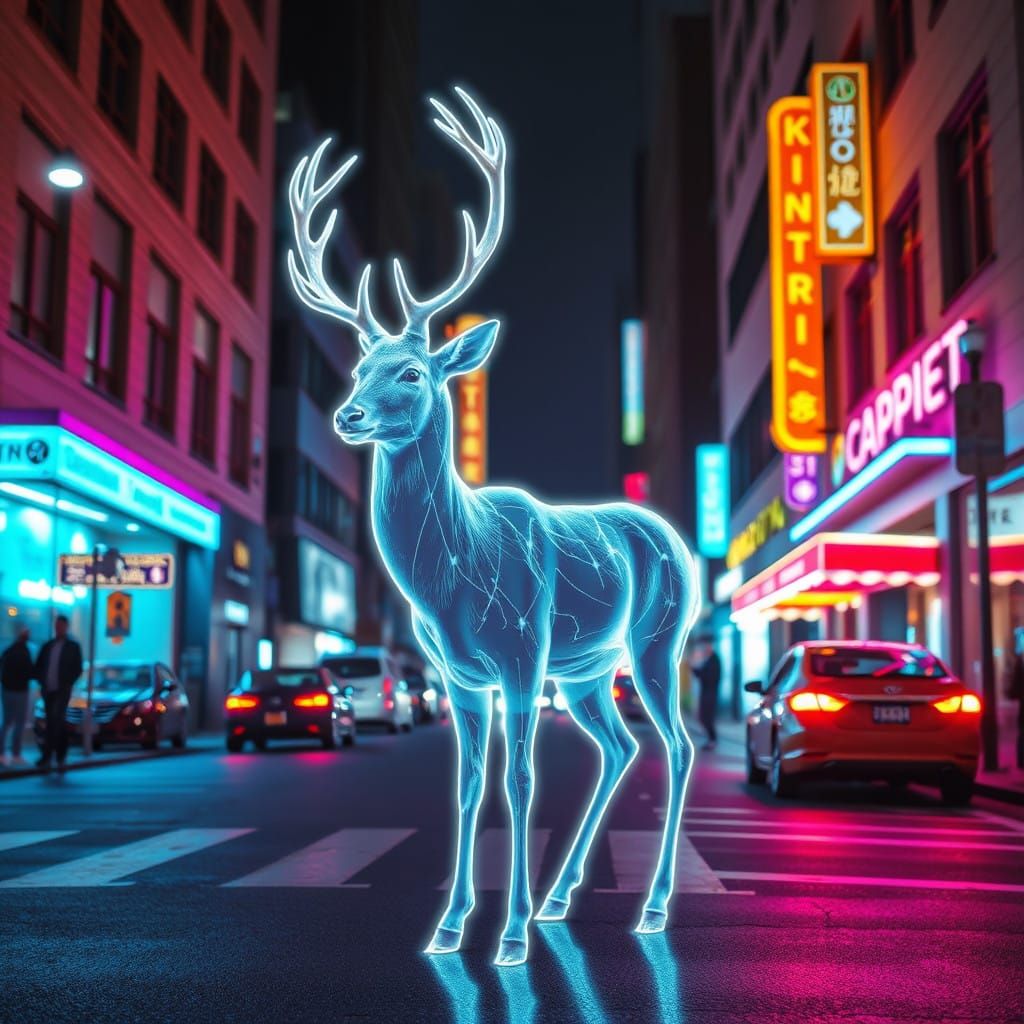 Neon Holographic Deer Illuminates City Streets