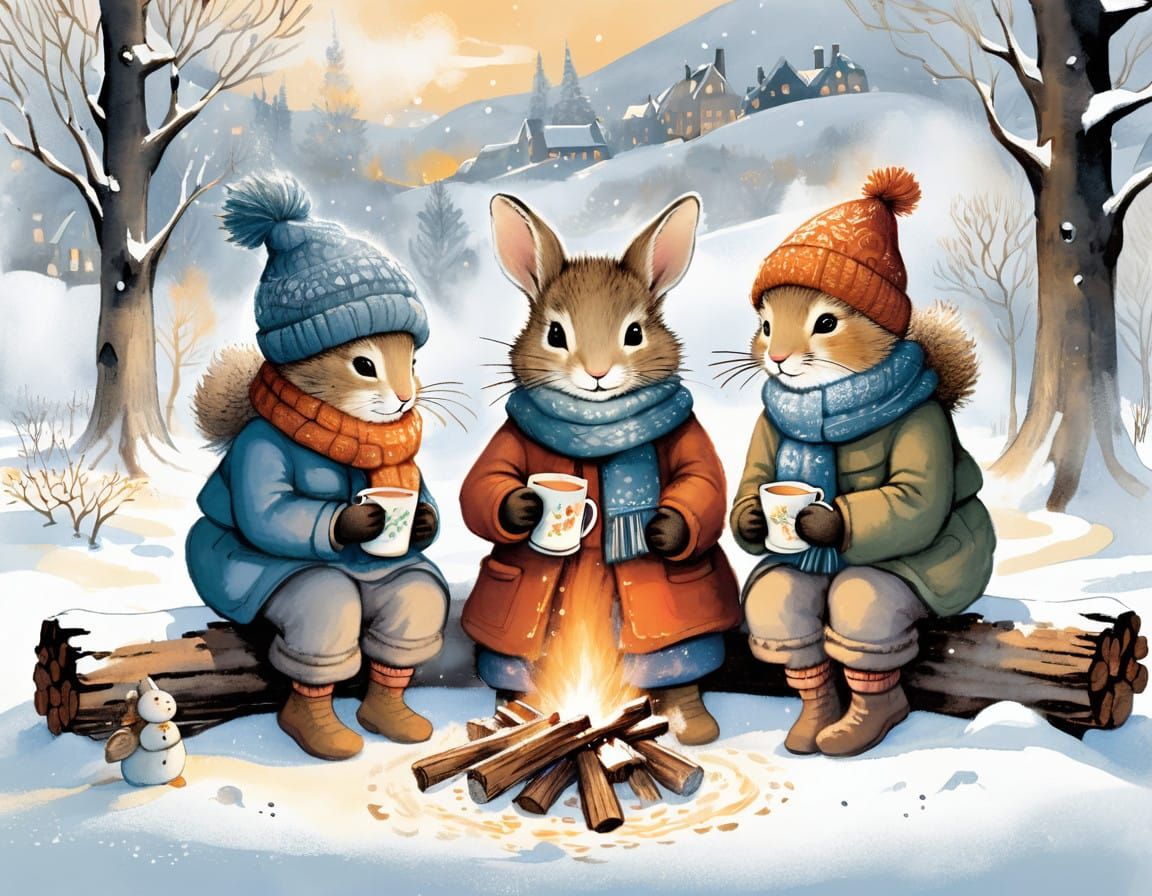 Friends Gather Around a Winter Bonfire in Cozy Cabin Scene