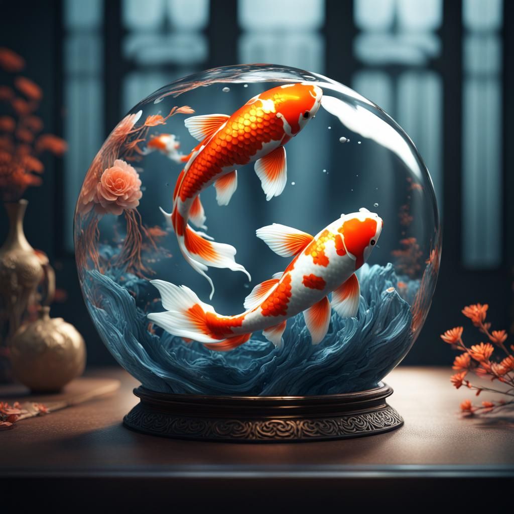 Koi Fish in Glass Sphere: Fantasy Concept Art