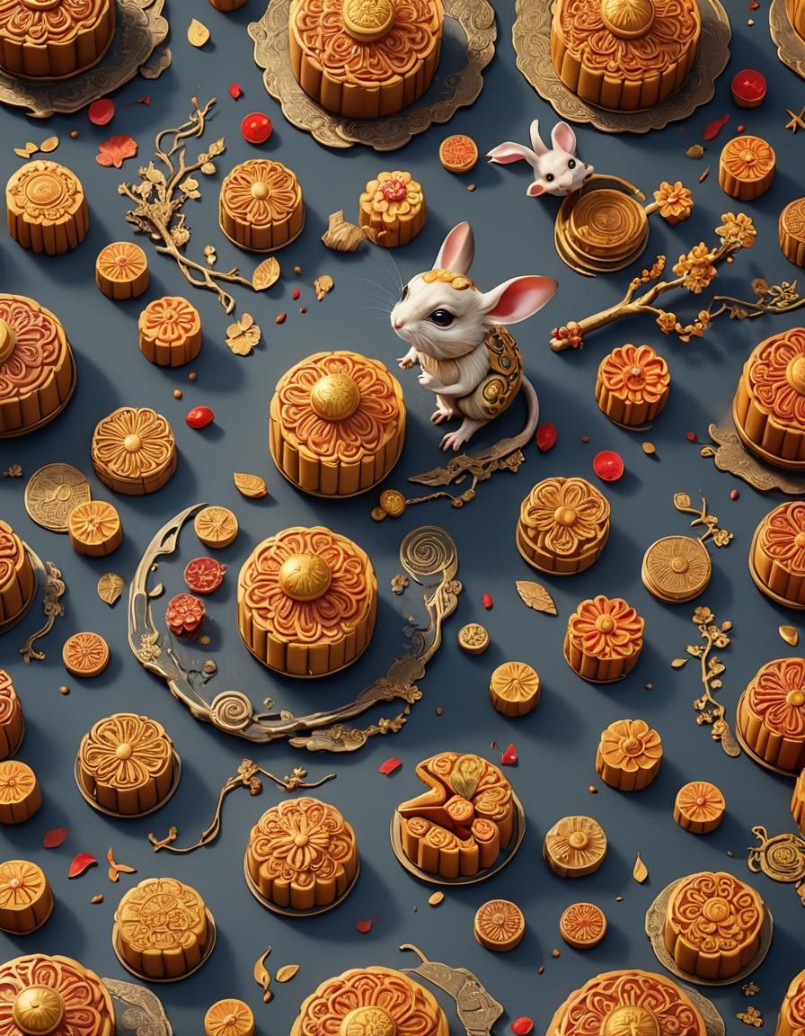 Fantastical Jerboa with Moon Cake: Detailed Matte Painting