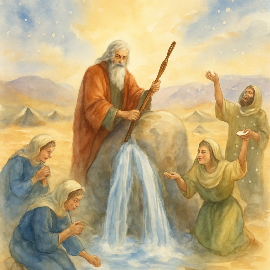 Moses Strikes Rock, Manna Falls in Desert Landscape