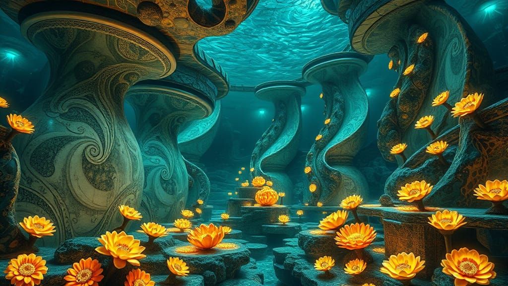 Underwater Kintsugi Vases in Bioluminescent Kelp Forest