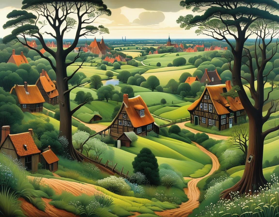 Lüneburg Heath Village: Intricate Cubist-Inspired Landscape