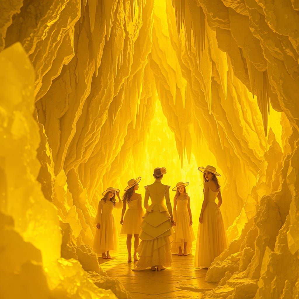 Crystalline Cave with People in Yellow, Dreamlike Illustrati...