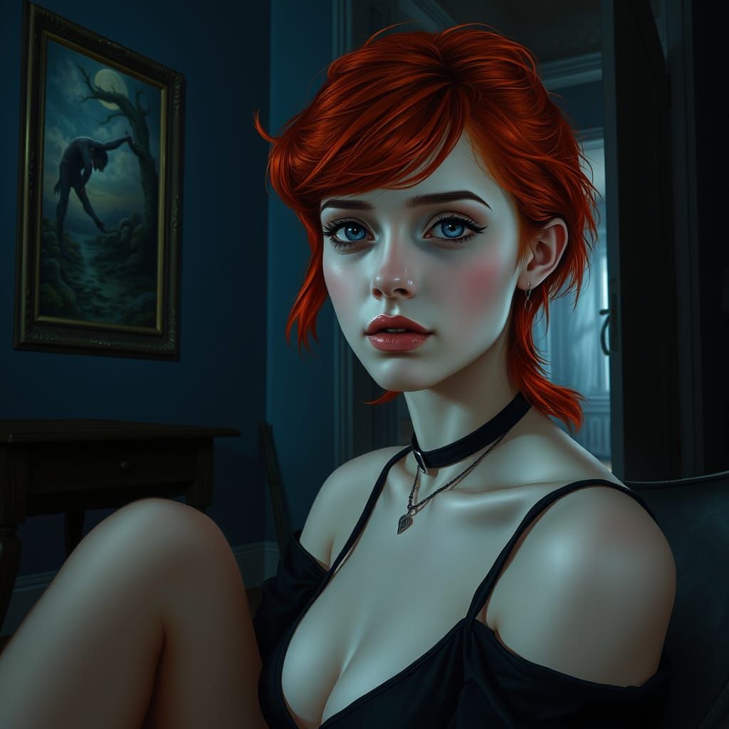 Red Haired Woman in Dimly Lit Room