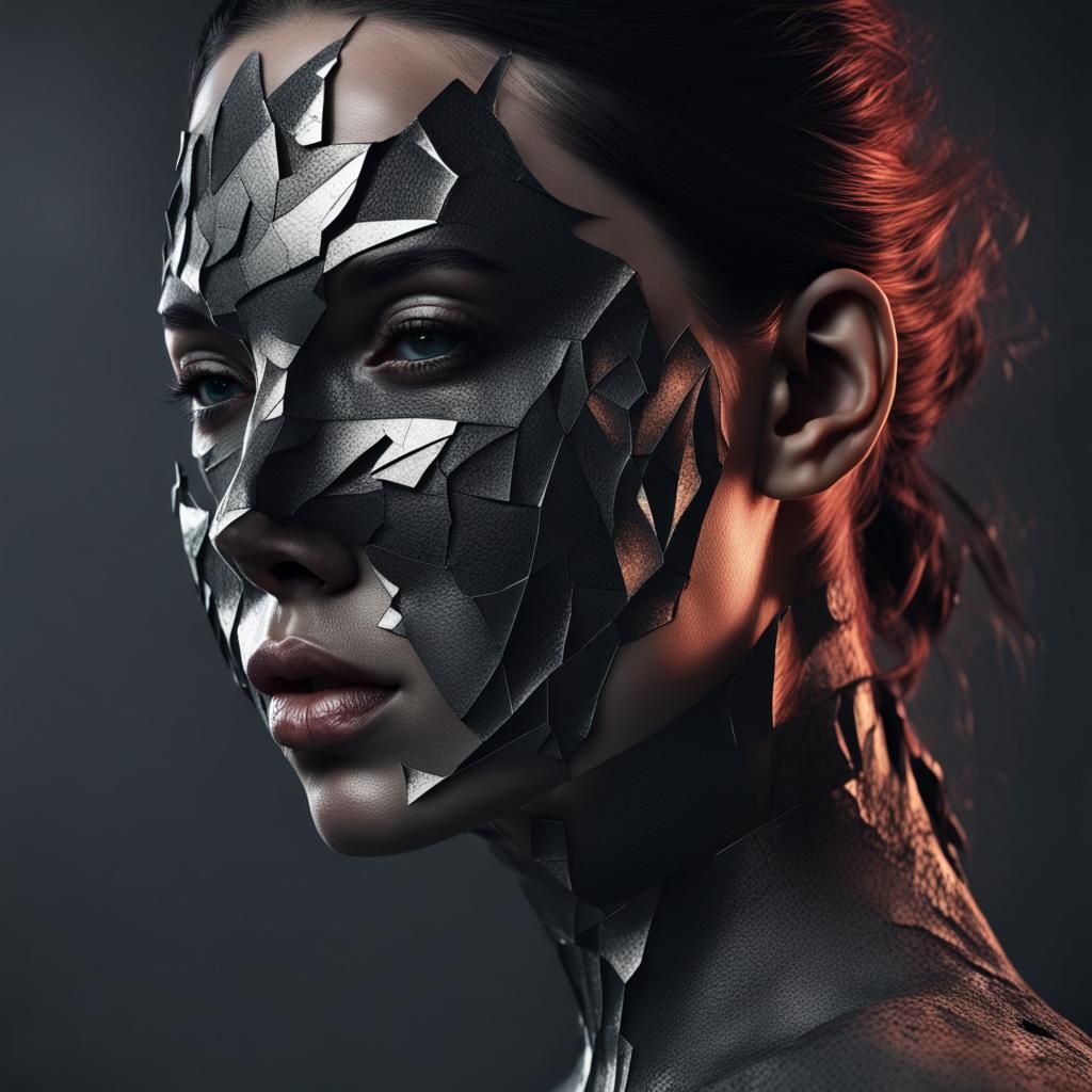 a woman with a broken face black mask, fantasy.