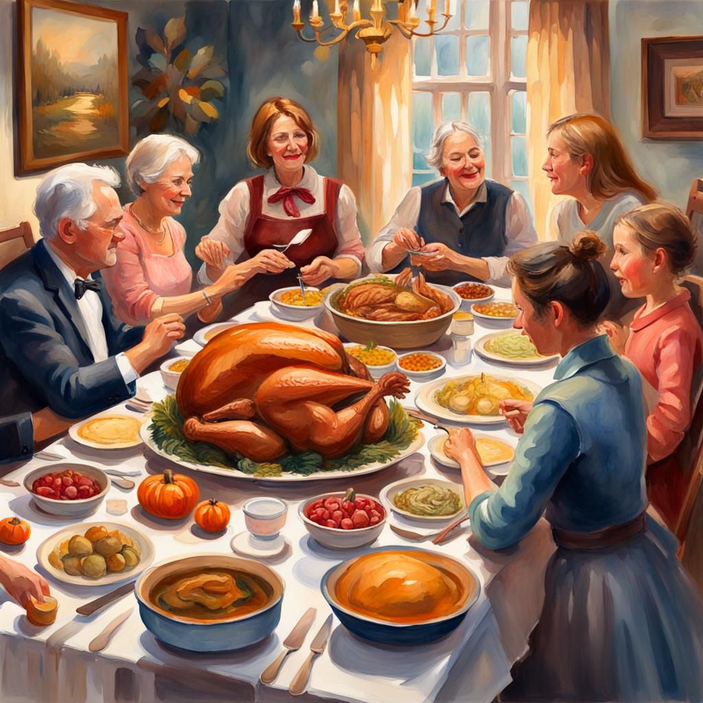 Thanksgiving Dinner in Gouache Watercolor Style