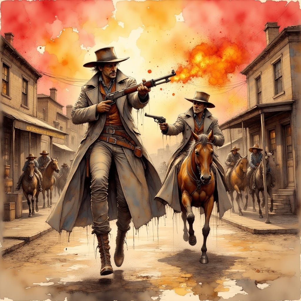 Cowboys in Trench Coats Duel in the Wild West