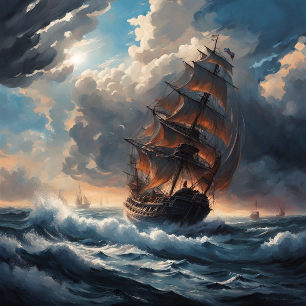 Sailors Hoist Sails Under Opal Sky in Oil Painting