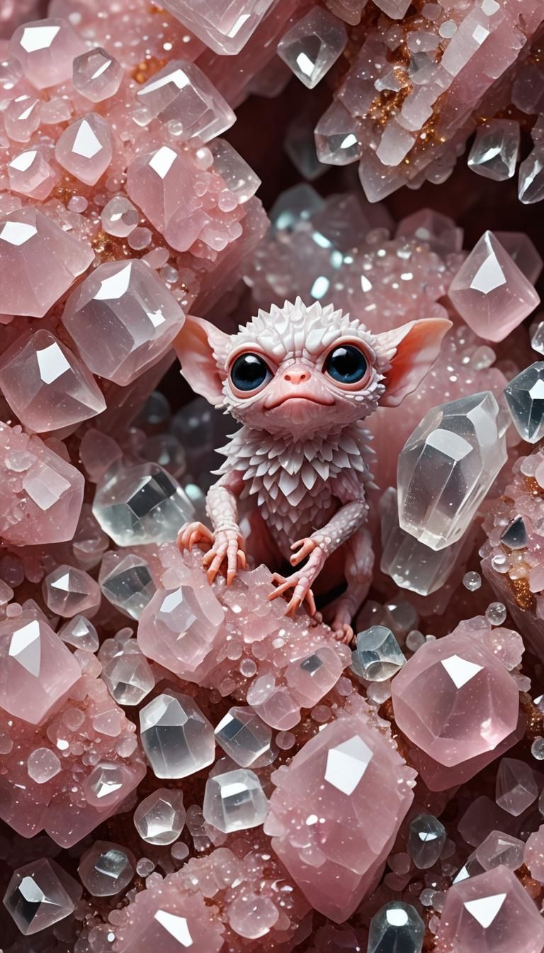 X-ray crystallography, tiny white skinned gremlin rests on the facet of a crystal, chibi cute gremlin, caverns of cryst...