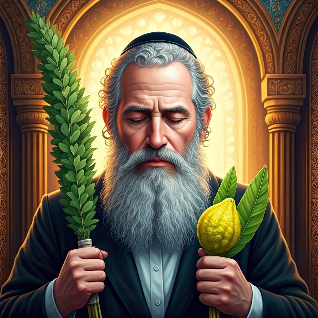 Rabbi Holding Lulav in Illustrative Realism Style