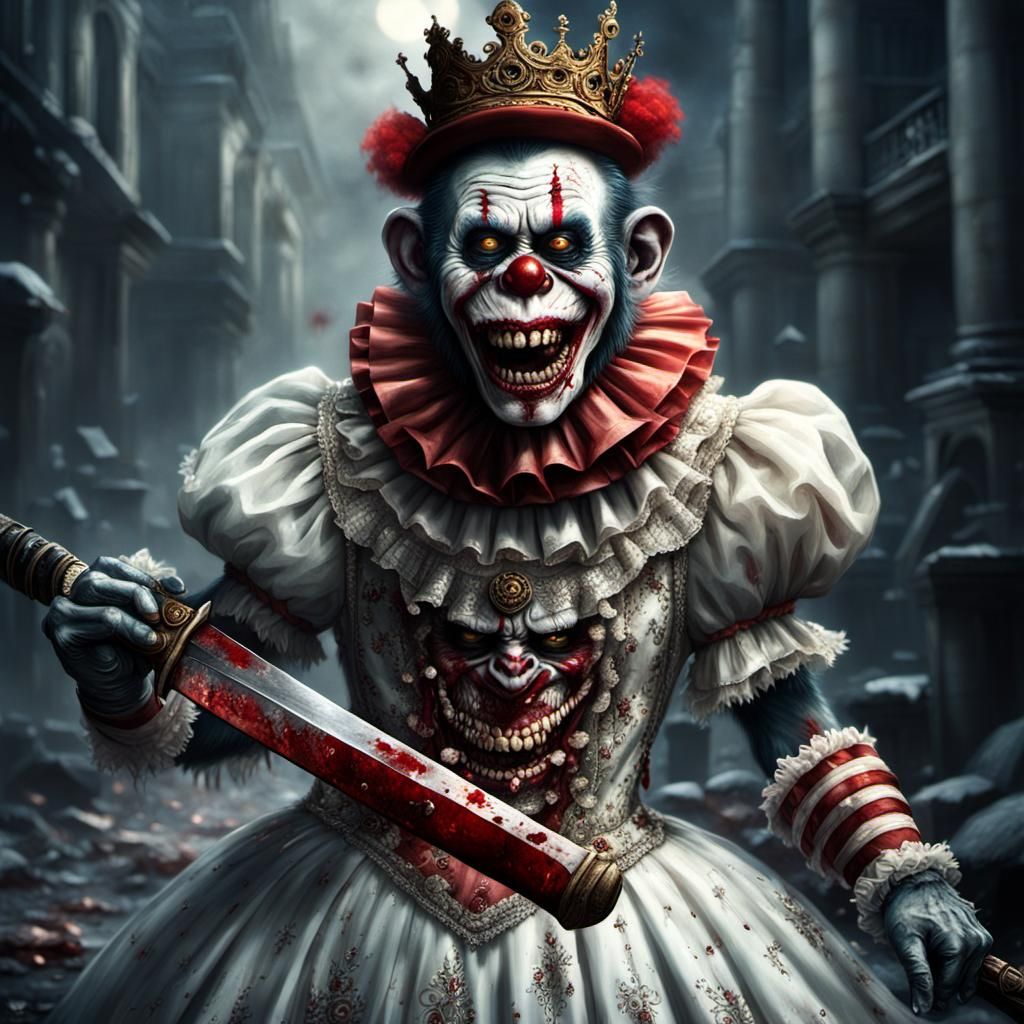 Zombie Monkey Clown in Gown with Bloody Sword