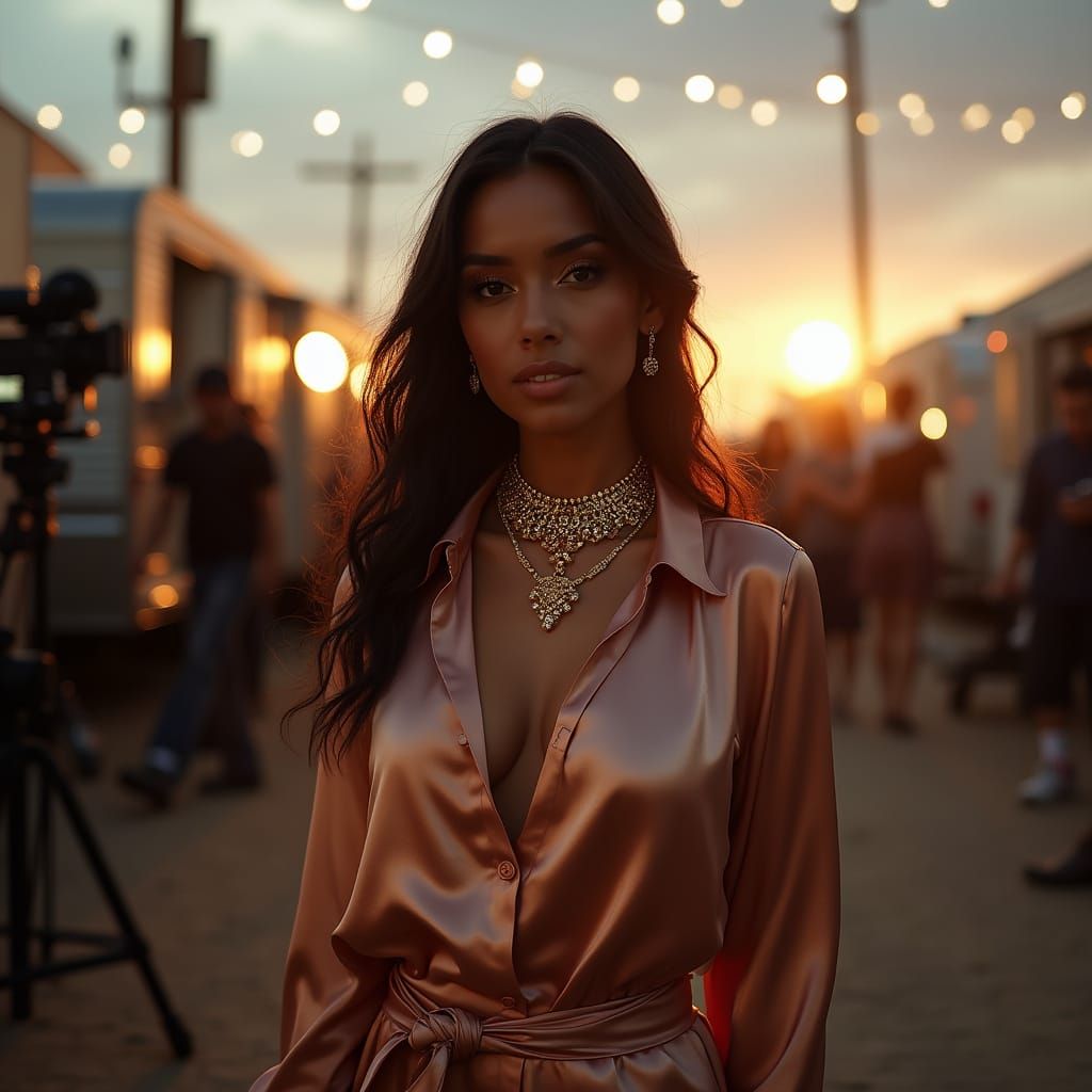 Hyperrealistic Photo of Woman on Busy Movie Set at Dusk