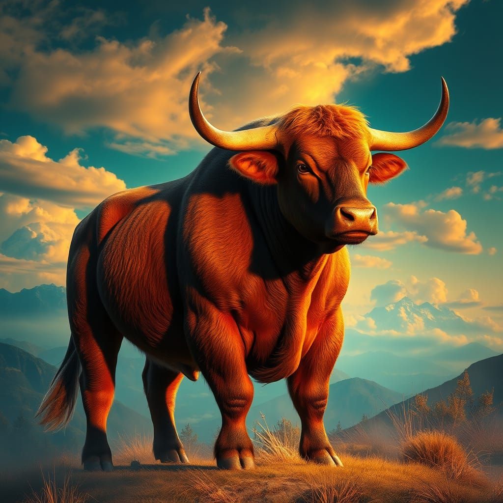 Majestic Brown Bull in Vibrant Dreamlike Landscape