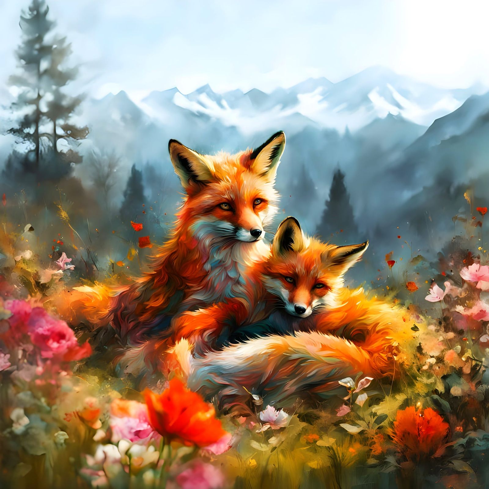 Serene Whimsy: Gentle Fox Mother in Lush Garden