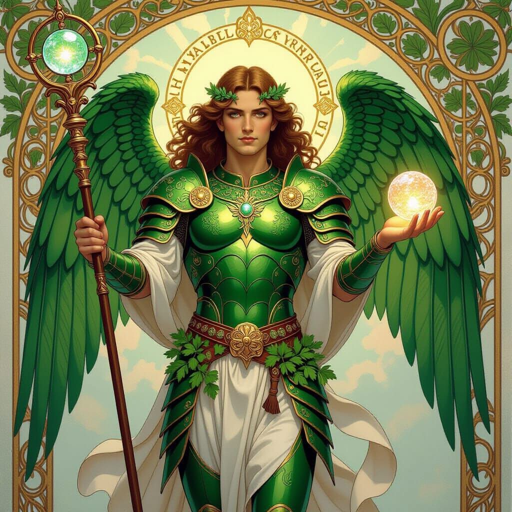 Archangel Raphael in Emerald Armor, Art Nouveau Style
