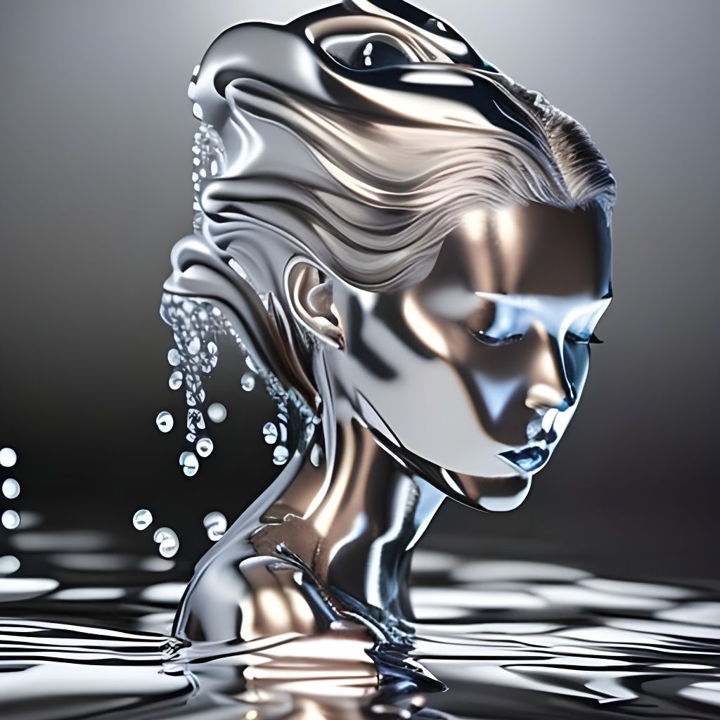 Chrome goddess emerging from liquid chrome