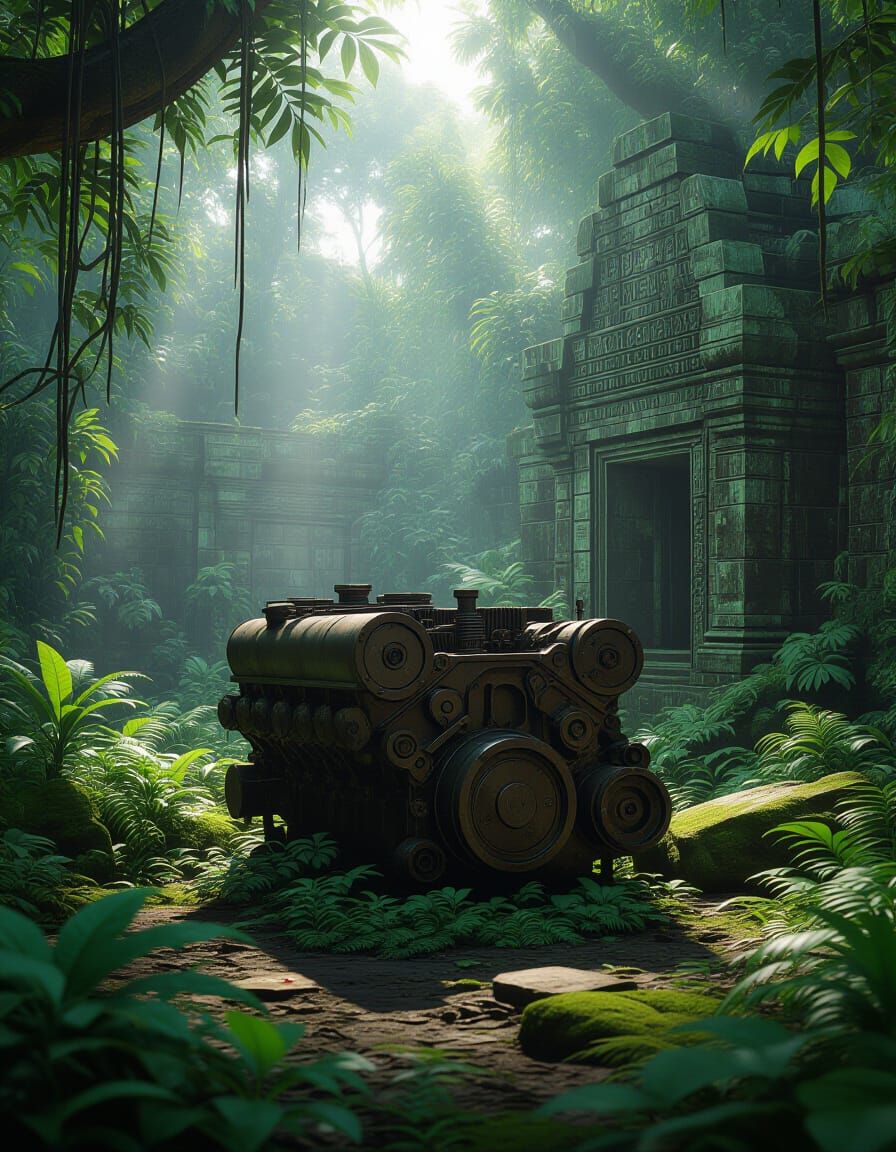 Abandoned Engine Block in Overgrown Jungle Ruins