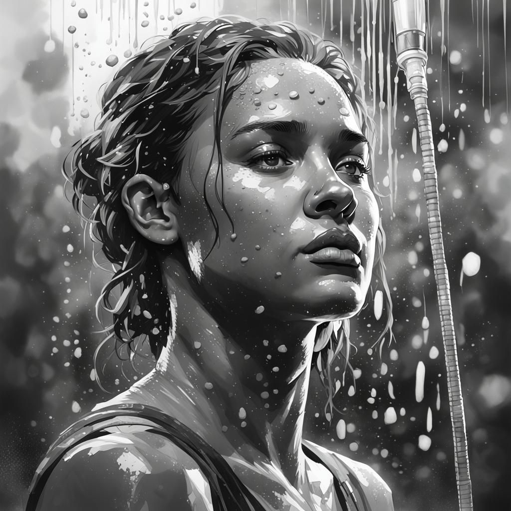 Detailed Black and White Watercolor Shower Portrait
