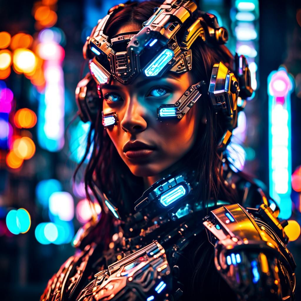 Cyborg Girl Portrait in Neon Cityscape