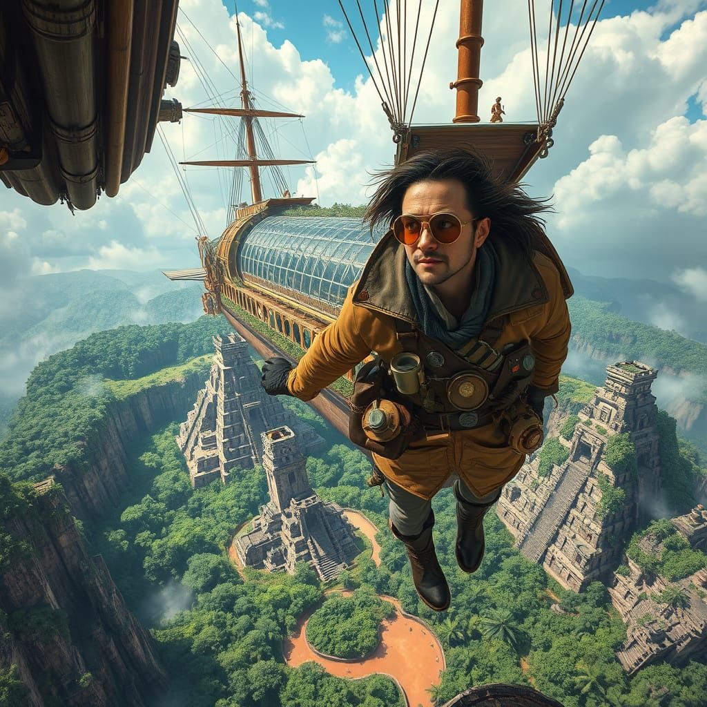 Steampunk Pilot Soars Over Ancient Aztec Ruin