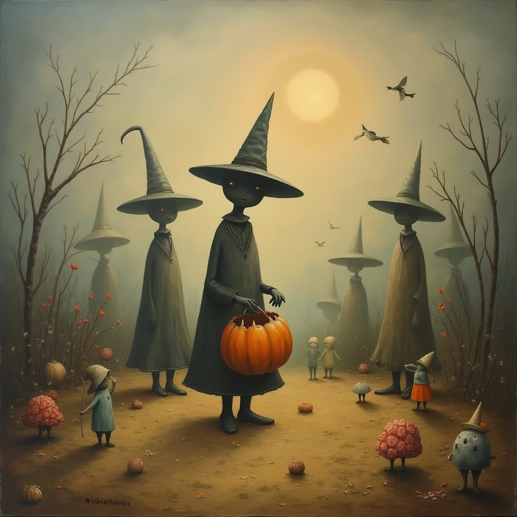 Surreal Halloween Oil Painting with Whimsical Characters