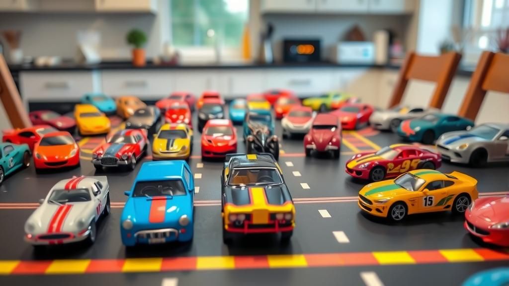 Large collection of Matchbox Cars set out on a Road layout o...
