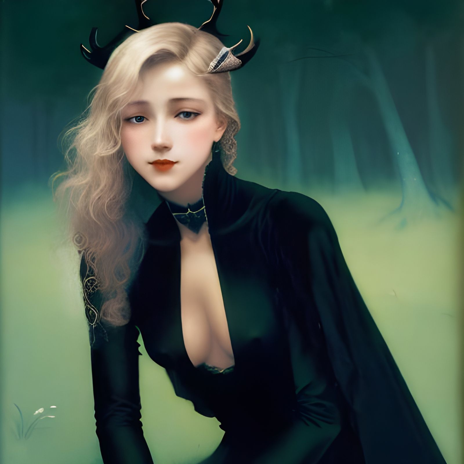 Antlered Woman in Moody Forest, Fairy Tale Illustration