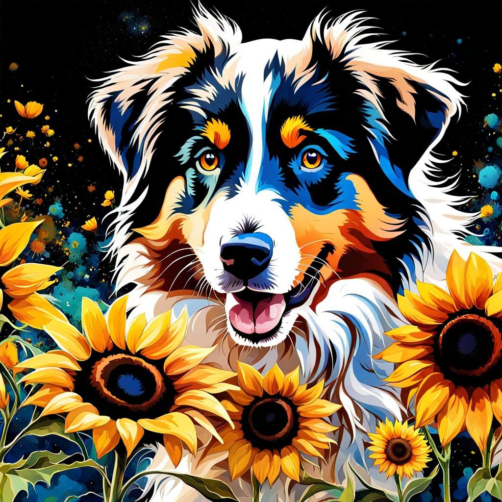 Adorable Aussie Puppy and Sunflower Watercolor Illustration