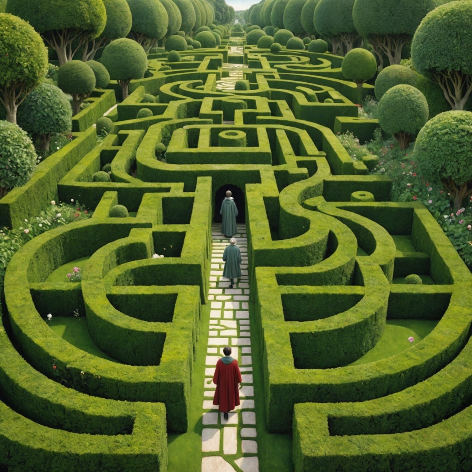 Surreal Garden Maze in Watercolor Style