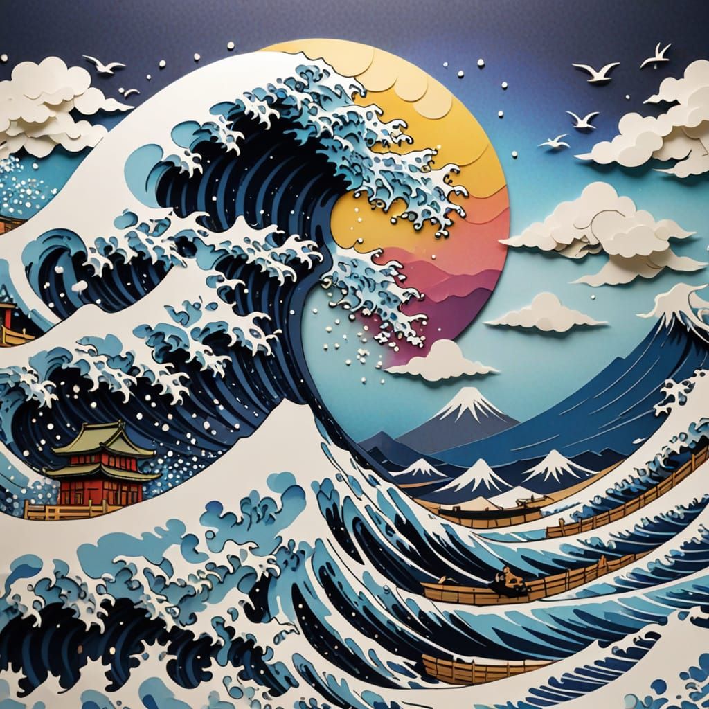 Great Wave Paper Cut Art with Mount Fuji