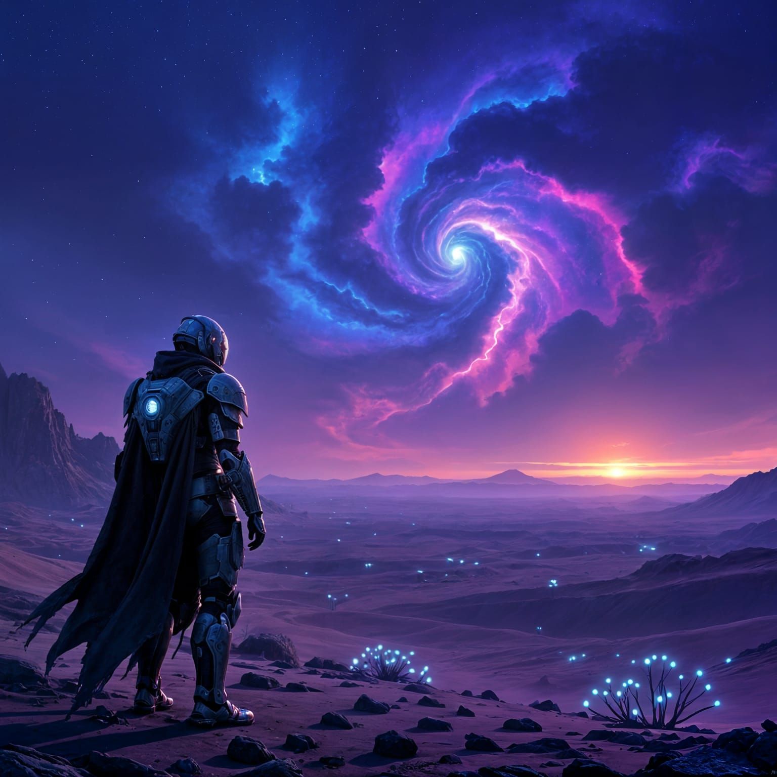 Cyborg Warrior on Alien Desert Under Nebula Sky