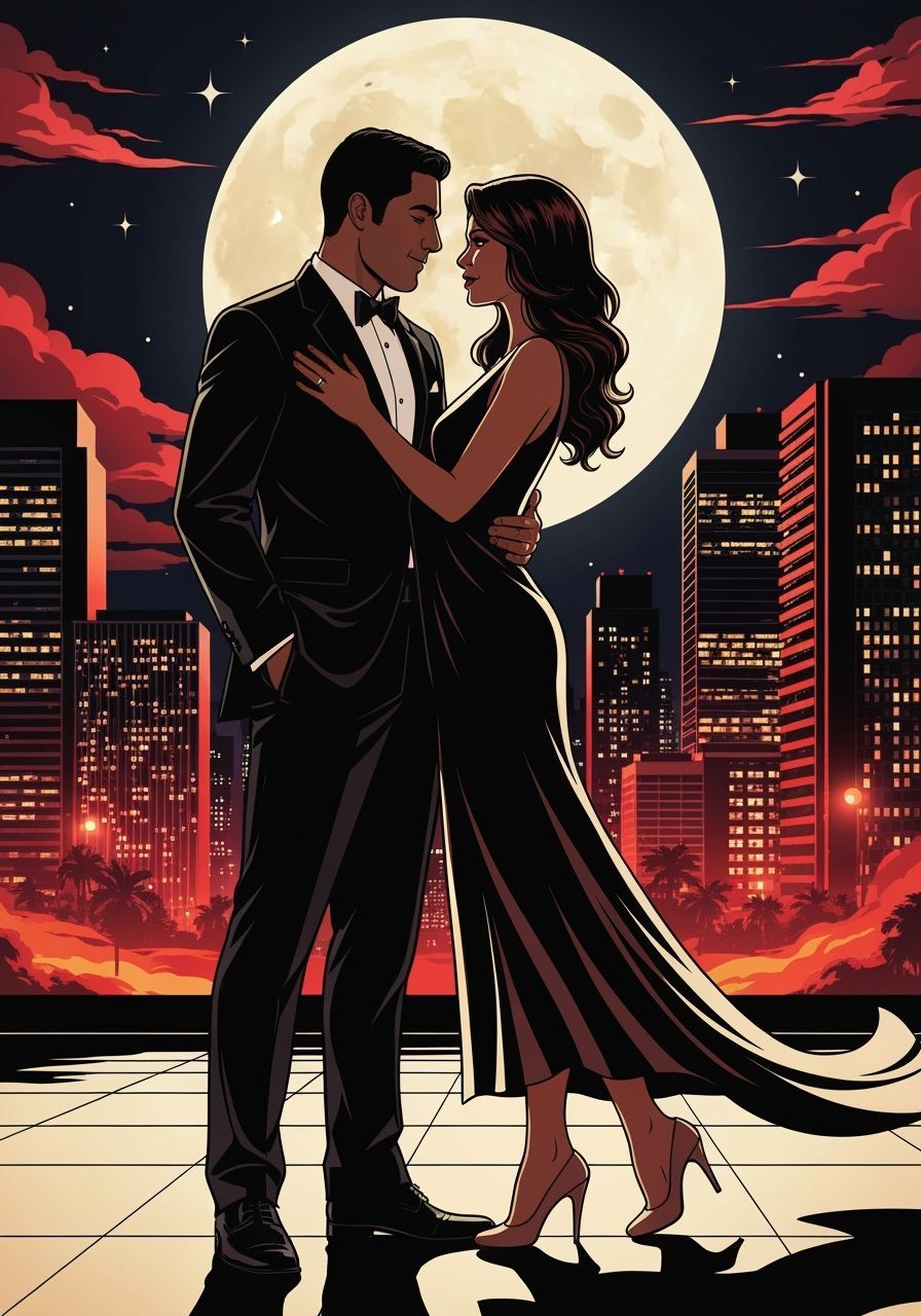 Elegant Couple Embrace Under Retro-Futuristic Moon