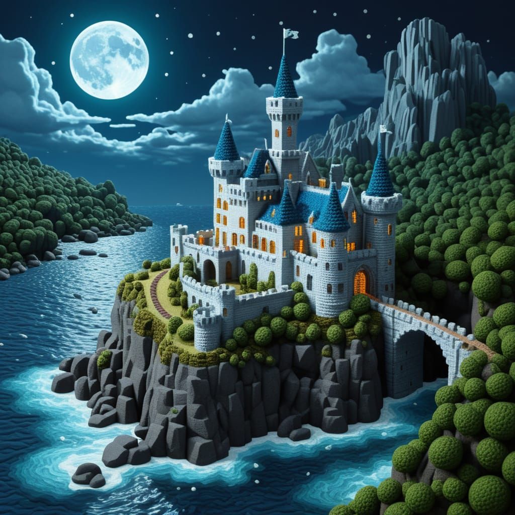 Crocheted Castle on Cliff Under Moonlight