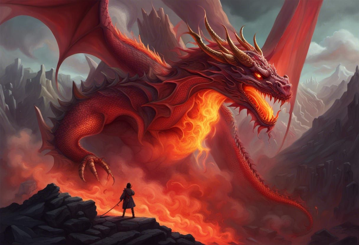 Fiery Dragon in Mountainous Landscape: Fantasy Concept Art
