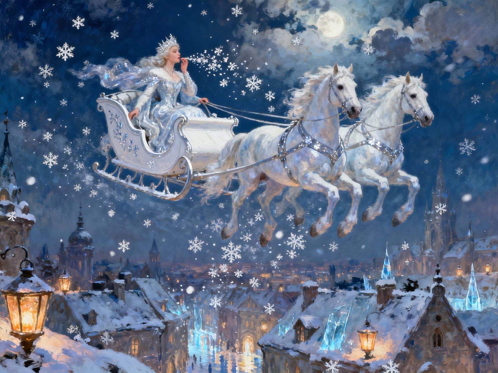 Snow Queen's Magical Flight Over Medieval City