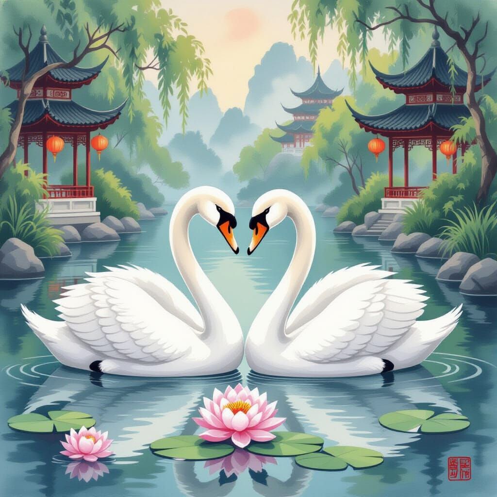 Swans Form Heart on Lotus Pond in Watercolor Style