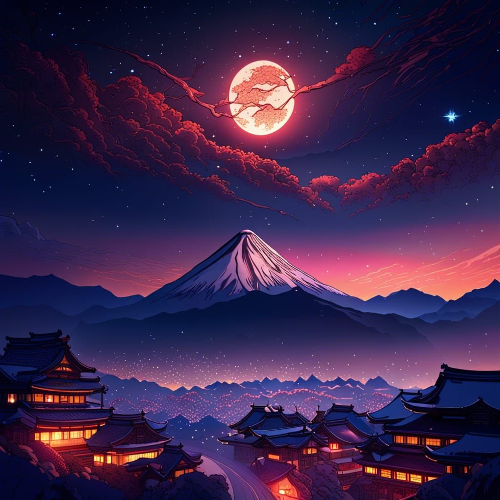 Japanese Village: Snowy Mountains and Starry Sunset
