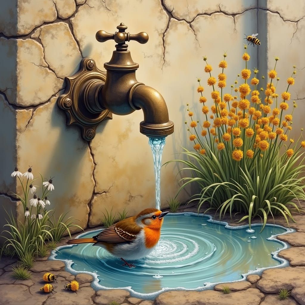 Rustic Countryside Scene with Robin, as Airbrush Illustratio...