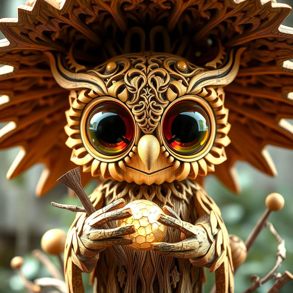 Adorable Wooden Owl Monster in Photorealistic 3D