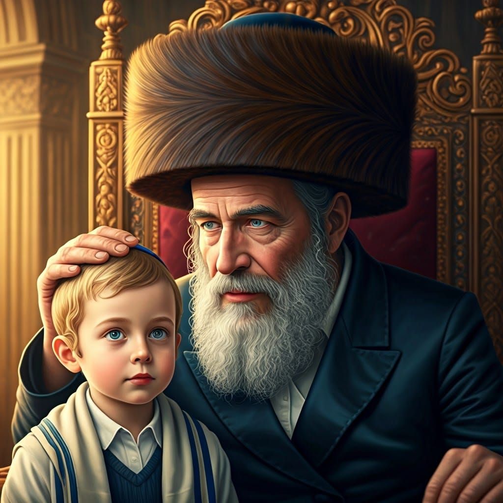 Hasidic Jew Blesses Son in Baroque Throne Room