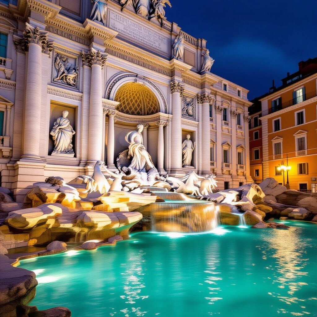 Majestic Trevi Fountain at Night in Photorealistic Style