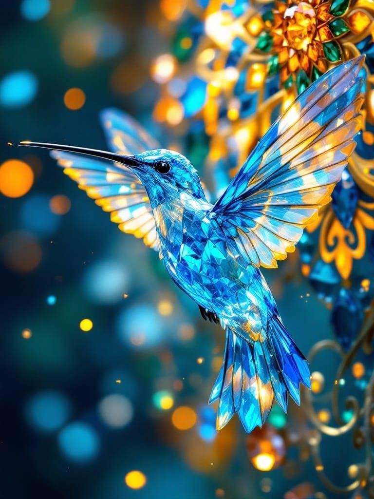 Ethereal Sapphire Hummingbird in Art Nouveau Style
